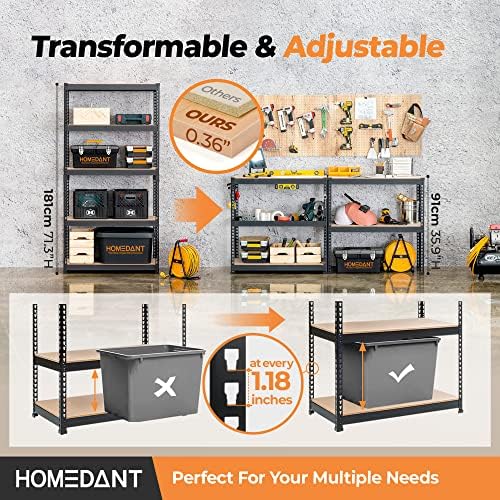 HOMEDANT 35.9" W 5 Tier Heavy Duty Garage Shelving Adjustable Metal Rack Storage Shelves Standing Shelf Unit Organizers Pantry Closet Black 2Pack - Image 3