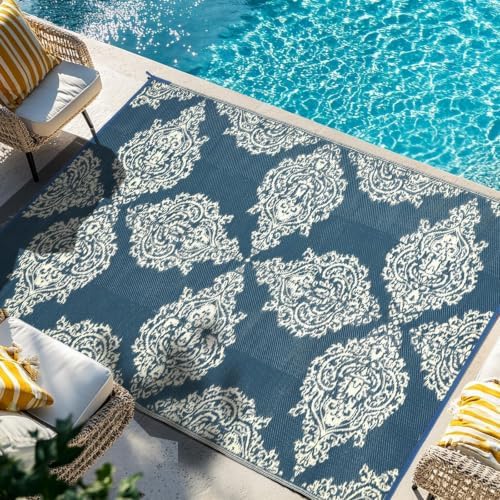 wikiwiki Outdoor Rug,5x8ft Waterproof Reversible Mat in & Outdoor-Rug Carpet,Small Area Rug Plastic Straw Rug-Patio Deck Balcony Pool RV Camping Beach Picnic, Blue & Beige,Rugscape Series(Pack of 5) by WikiwikiPatioUmbrellas