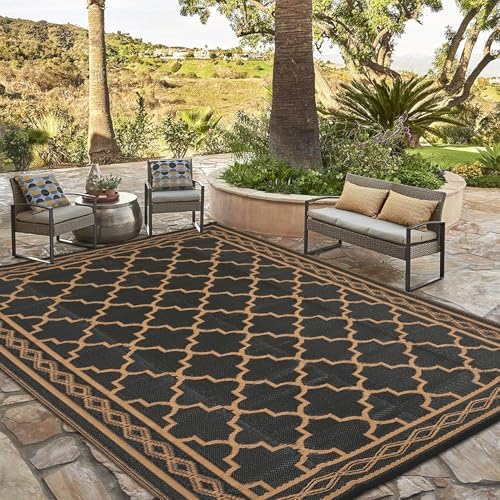 GAOMON Outdoor Rug 10x14 ft, Waterproof Reversible Patio Rug for Outdoor Deck, Large Plastic Straw Mat for Camping, RV & Picnic, Easy Clean, UV Resistant Indoor Outdoor Carpet,Geometric-Black&Brown - Image 4