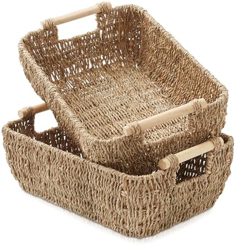 Casafield Set of 2 Seagrass Oval Storage Baskets with Wooden Handles - Large, Woven Bin Organizers by Casafield