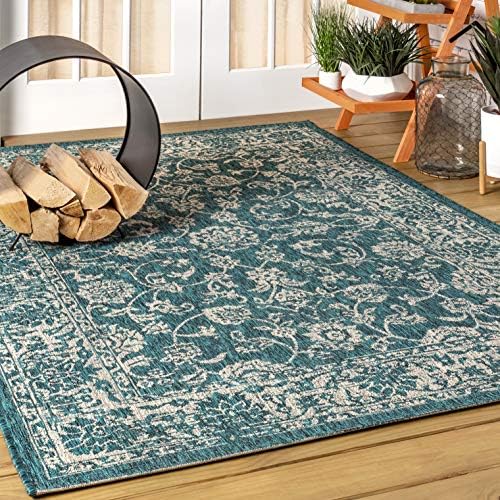 JONATHAN Y Weave Floral Indoor Outdoor Area Rug 10X14 Teal/Gray, Tela Bohemian Textured for Backyard, Patio, Porch, Easy-Cleaning, High Traffic, Pet-Friendly, Non-Shedding (SMB100C-14) - Image 3