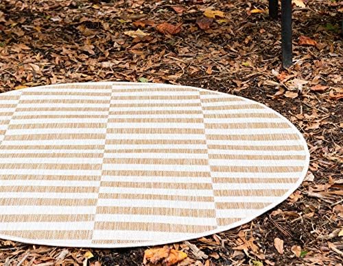 Unique Loom Outdoor Striped Collection Area Rug - Striped (4' 1" Round, Taupe/Ivory) - Image 3