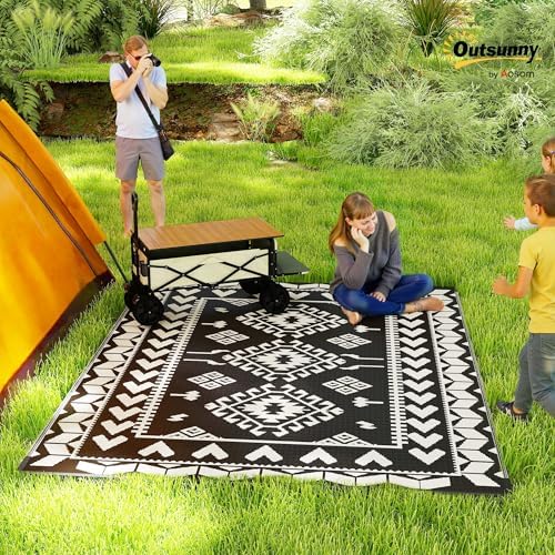 Outsunny Outdoor Rug for Patio Waterproof 8' x 10' Black & White Rhombus - Image 3