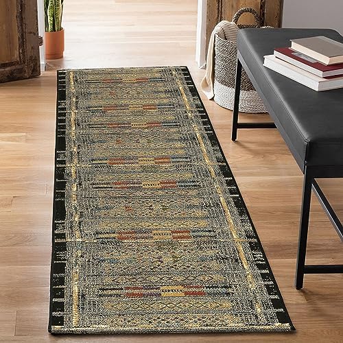 Liora Manne Marina Low Profile Durable Indoor/Outdoor Woven Rug- Tribal Stripe Black 1'11" x 4'11" by LushDecor