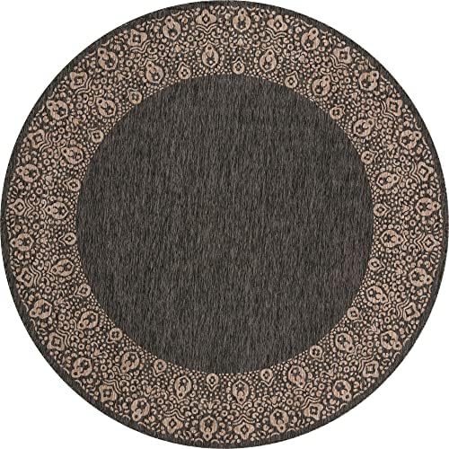 Unique Loom Outdoor Border Collection Area Rug - Floral Border (10' 8" Round, Charcoal Gray/ Beige) - Image 3