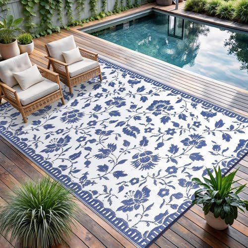 Garvee Camping Rugs for Outside Your RV 10x14 Floral Patio Rugs,Navy＆White - Image 3