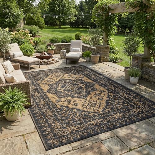 Outdoor Rug 9x12 Reversible Patio Rug Outdoor Plastic Straw Rugs Vintage Medallion Waterproof Outside Carpet for Deck RV Camping Rugs for Patio Backyard Picnic Porch Beach Balcony, Black Brown by Unknown