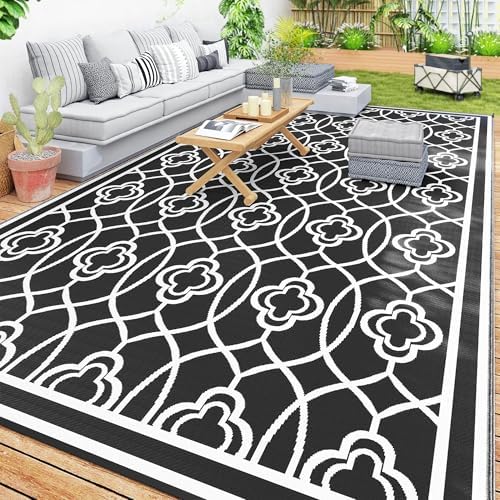 Outsunny Outdoor Rug for Patio Waterproof 9' x 18' Black & White Lantern by Outsunny