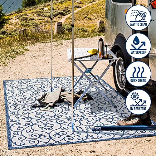 Eyely Filigree Textured Weave Area Rug 4X6 Blue/Cream, Indoor Outdoor Rug - Image 5