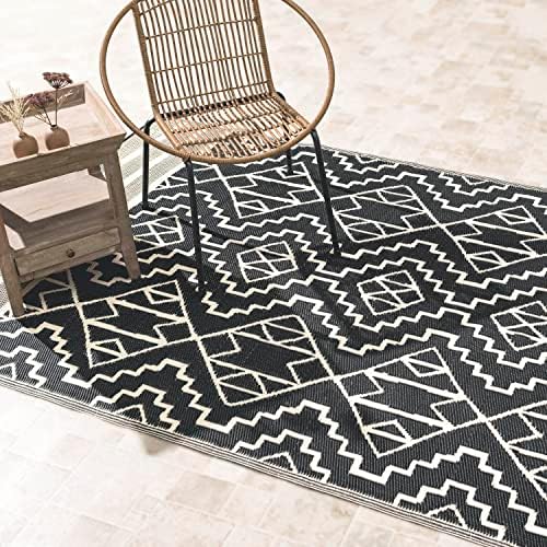 Fab Habitat Outdoor Rug - Waterproof, Fade Resistant, Crease-Free - Premium Recycled Plastic - Tribal Boho Neutral - Patio, Deck, Porch, Balcony, Laundry Room - Kilimanjaro - Black - 4 x 6 ft by FabHabitat