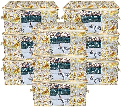 Kuber Industries Foldable Underbed Storage Bag|Organizer For Clothes Large|Non-Woven Comforter, Blanket Cover|Metalic Print & Side Handle|Pack of 9 (Cream) by Kuber+Industries