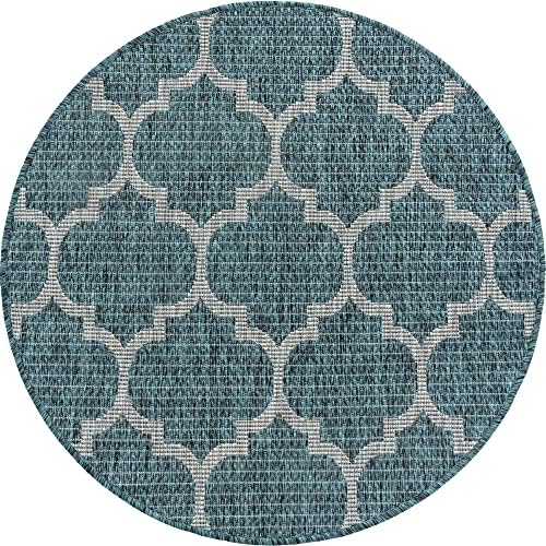 Unique Loom Outdoor Trellis Collection Area Rug (3' 3" Round, Teal/ Gray) - Image 3