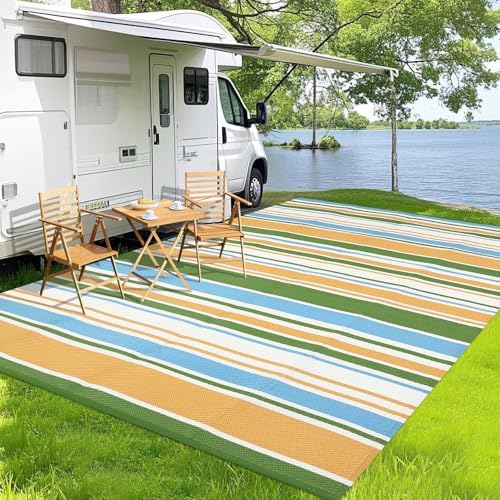 Garvee Modern Geometric 9x12 Outdoor Rug Colorful Lines Blue Green Rugs - Image 2