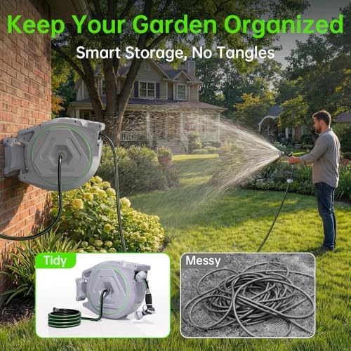 Retractable Garden Hose Reel, 5/8in 100 ft Hose Reel with 9 Patterns Nozzle - Image 2