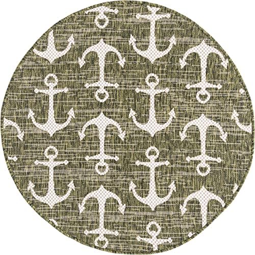 Unique Loom Outdoor Coastal Collection Area Rug - Ahoy (3' 3" Round, Green/Ivory) - Image 3