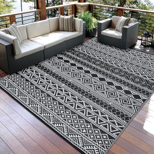 GAOMON Reversible Outdoor Rug 9'x18' Waterproof Plastic Straw Rug, Patio Rug, Large Modern Area Rug Carpet, Indoor Outdoor Rugs for Camping, Porch, Deck, Balcony, Backyard, Black/White(Bohemia) by GAOMON