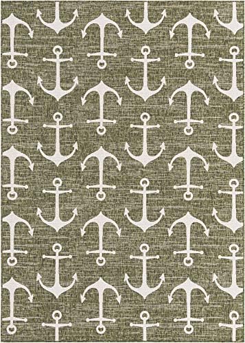 Unique Loom Outdoor Coastal Collection Area Rug - Ahoy (7' 1" x 10' Rectangle, Green/ Ivory) - Image 3