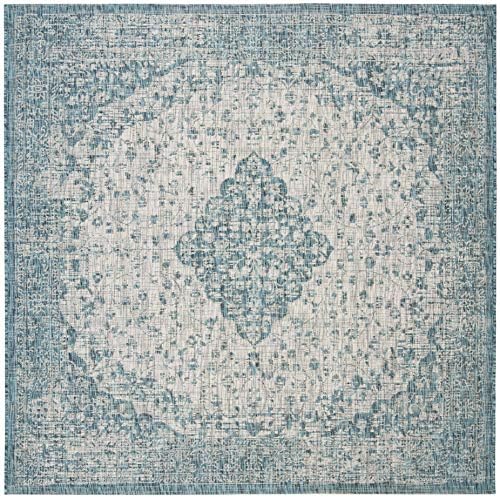SAFAVIEH Washable Rug Outdoor Courtyard Collection - 5'3" Square, Teal & Cream, Non-Shedding & Easy Cleaning, Ideal for Patio, Backyard, Mudroom (CY8720-372) - Image 4