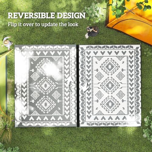 Outsunny Outdoor Rug for Patio Waterproof 9' x 12' Black & White Rhombus - Image 7