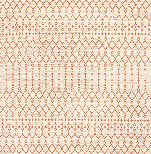 Eyely Moroccan Woven Square Rug 5X5 Cream/Orange, Indoor Outdoor Rug - Image 3