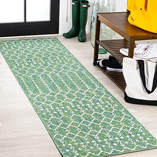 Eyely Moroccan Woven Runner Rug 2X8 Green/Cream, Indoor Outdoor Rug by eyely