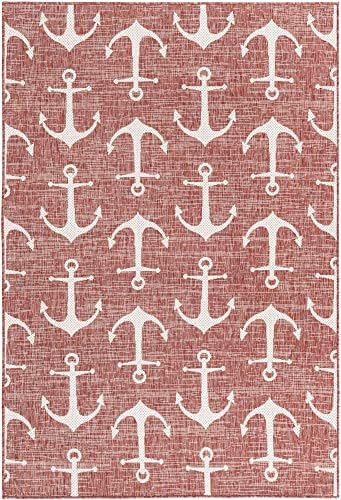 Unique Loom Outdoor Coastal Collection Area Rug - Ahoy (5' 3" x 7' 10" Rectangle, Rust Red/ Ivory) - Image 3
