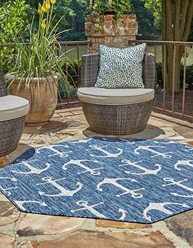 Unique Loom Outdoor Coastal Collection Area Rug - Ahoy (7' 10" Octagon, Blue/ Ivory) by UniqueLoom