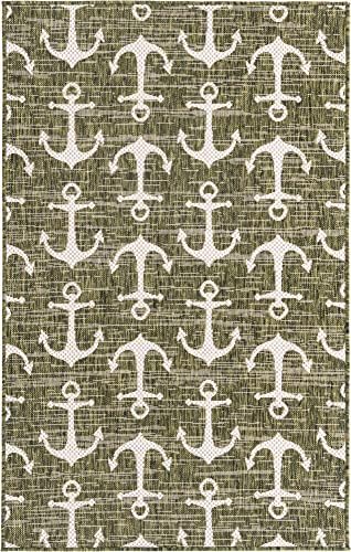 Unique Loom Outdoor Coastal Collection Area Rug - Ahoy (3' 3" x 5' 3" Rectangle, Green/Ivory) - Image 3