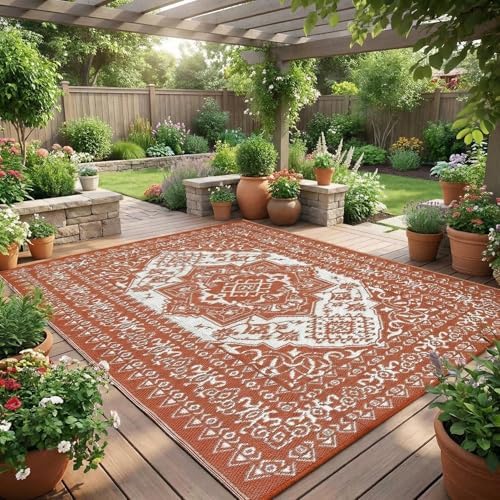 Outdoor Patio Rug 10x20 Outdoor Rug Medallion Plastic Straw Rugs for Patio Reversible Mat Waterproof Camping Rugs for RV Beach Deck Picnic Backyard Porch Easy Clean Floor Cover, Orange by Unknown