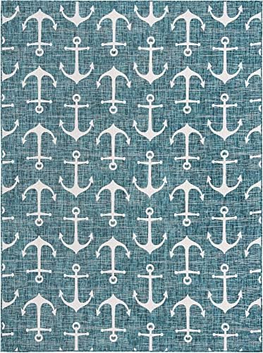 Unique Loom Outdoor Coastal Collection Area Rug - Ahoy (9'x 12' 2" Rectangle, Teal/ Ivory) - Image 3