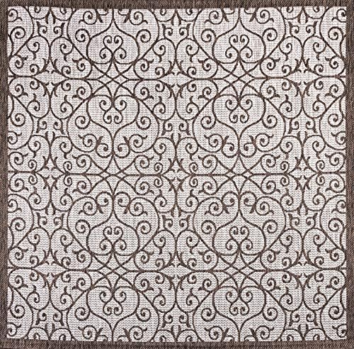 Eyely Filigree Weave Square Rug 5X5 Taupe/Espresso, Indoor Outdoor Rug - Image 3