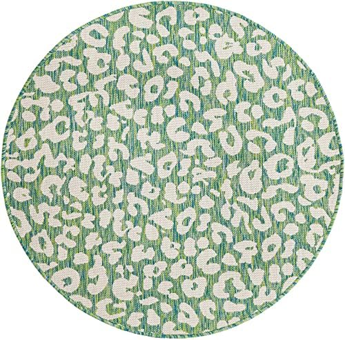 Unique Loom Outdoor Safari Collection Area Rug - Leopard (4' 1" Round, Green Blue/ Ivory) - Image 3