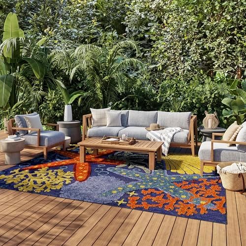 Nourison Home Aloha Navy Multicolor 9' x 12' Area Rug - Easy Clean, Non Shedding, Bed Room, Living Room, Dining Room, Kitchen (9' x 12') by NourisonHome