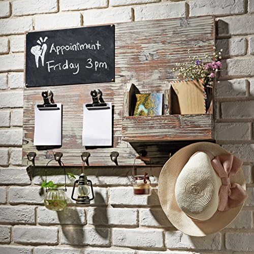 MyGift Wall-Mounted Torched Wood Entryway Organizer, Key Hook Rack with Chalkboard, Memo Clips, Mail Sorter and Hanging Hooks by MyGiftHome