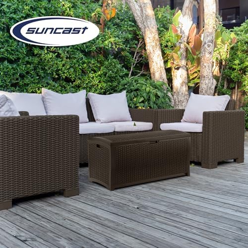 Suncast Outdoor Storage Box - 73 Gallon Mocha Brown Deck Box for Patio, weather-resistant Outdoor Storage Bench, Resin Wicker Style, Heavy-Duty, Lockable Lid for Cushions, Shoes, Pool & Garden Gear - Image 5
