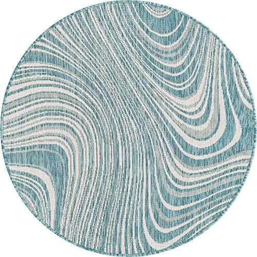 Unique Loom Outdoor Modern Collection Area Rug - Pool (4' 1" Round, Light Aqua/ Blue) by UniqueLoom