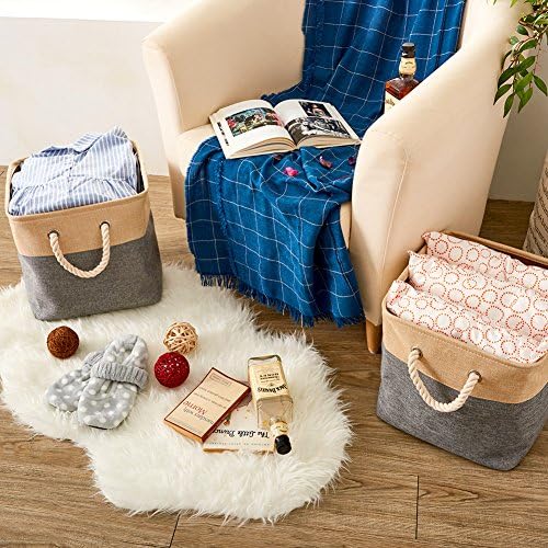 EZOWare 3-Pack Collapsible Storage Bins Basket Foldable Canvas Fabric Cubes Boxes with Handles for Kids Babies Nursery Room Toys Organizer (13 x 13 x 13 inches) - Gray and Beige - Image 3