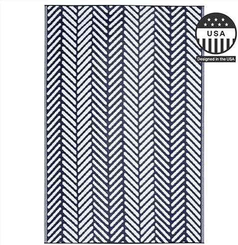 FH Home Outdoor Rug - Waterproof, Fade Resistant, Reversible - Premium Recycled Plastic - Herringbone - Patio, Porch, Deck, Balcony - Fresno - Navy Crease Free - 5 x 8 ft - Image 4