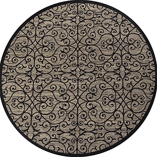 Eyely Filigree Weave Round Rug 4 Ft Black/Khaki, Indoor Outdoor Rug by eyely