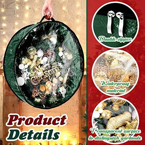 Dunzy 8 Pieces Wreath Container Christmas Wreath Storage Bag Garland Tear Resistant Fabric Round Boxes with Clear Window for Storage for Xmas Holiday Ornament(30×30×7.8 Inch,Green) - Image 2