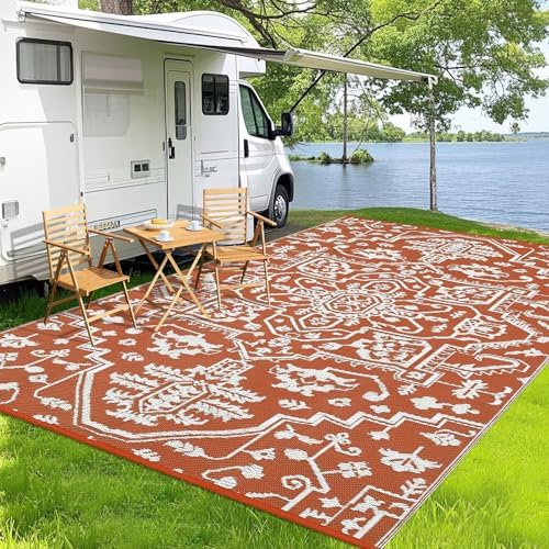 8x10 Plastic Straw Outdoor Rug Waterproof Reversible Mat, UV-Resistant Vintage Medal Camping Outdoor Carpet for Patio Deck Balcony Picnic Fold Portable Outdoor Large Floor Mat Orange Red White - Image 3