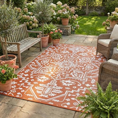 Outdoor Plastic Straw Rug 9x18 Large Vintage Medallion Waterproof Rug for Patio Outside Floor Mat Lightweight Reversible Outdoor Rugs for RV Beach Camping Backyard Deck Picnic, Orange by Unknown