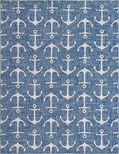 Unique Loom Outdoor Coastal Collection Area Rug - Ahoy (9'x 12' 2" Rectangle, Blue/ Ivory) - Image 3