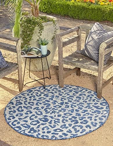 Unique Loom Outdoor Safari Collection Area Rug - Leopard (7' 10" Round Blue/Gray) by UniqueLoom