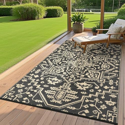 GAOMON 9x12 Waterproof Outdoor Rug for Patio Reversible Plastic Straw Rug Easy to Clean Vintage Floral Picnic Rug Fold Portable Carpet for Patio RV Deck Balcony Backyard Cmping Beach, Black Brown - Image 2