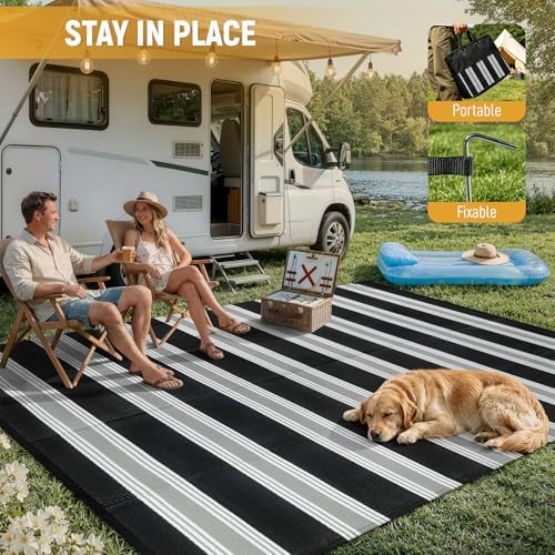 Lahome Striped Outdoor Rug 8x10, Black and White Outdoor Plastic Straw Rug - Image 4
