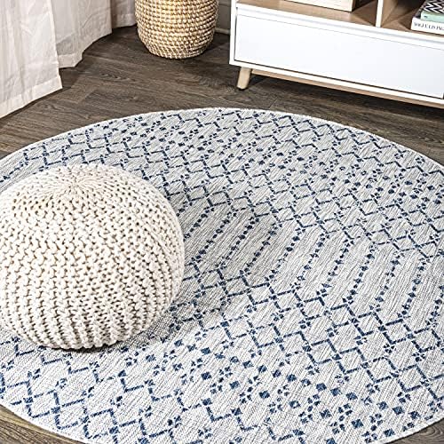 Eyely Moroccan Woven Round Rug 5 Ft Light Gray/Navy, Indoor Outdoor Rug by eyely