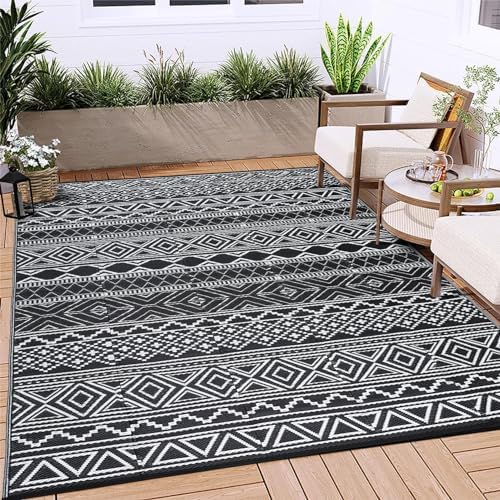 GlowSol Outdoor Rug 9x12 for Patio,Waterproof Outdoor Plastic Straw Rugs with Carry Bag,Reversible Camping Carpet RV Mat Outside for Patio, Camp, Picnic, Balcony, Deck, Backyard, Black & White by GLOWSOL
