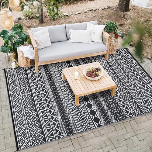 Outdoor Rug 9x12 Reversible Patio Rug Outdoor Plastic Straw Rug Bohemian Washable Rug Waterproof for Deck RV Outside Rug for Patio Backyard Picnic Camp Beach Balcony Black White - Image 3