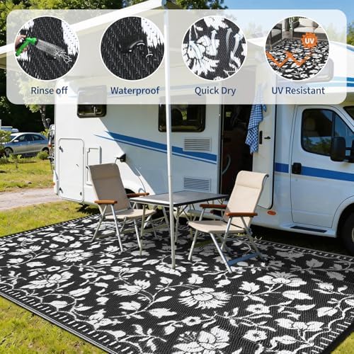 Garvee Floral Outdoor Rug 9x12 Patio Waterproof Plastic Straw Rug, Black - Image 4